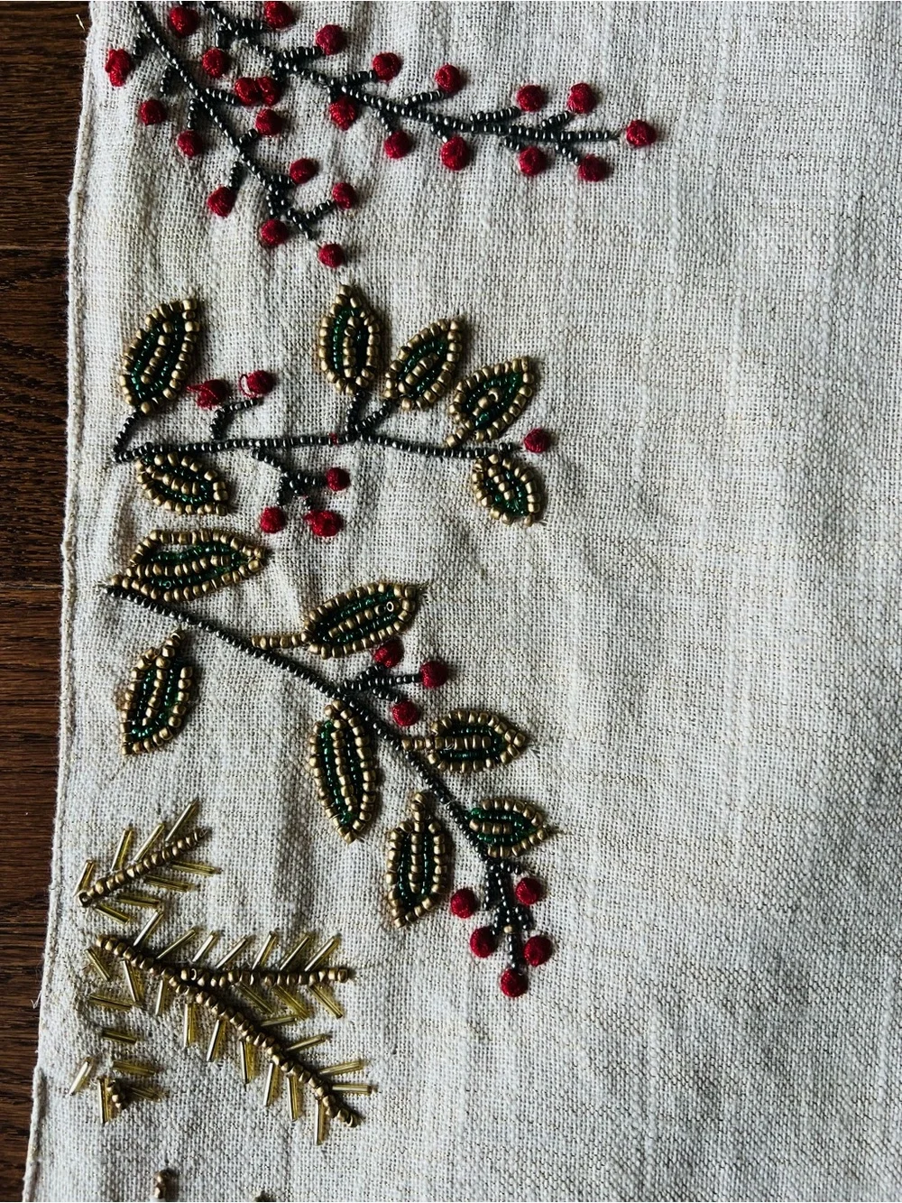 Embroidered Botanical Runner - Cream with Red Accents